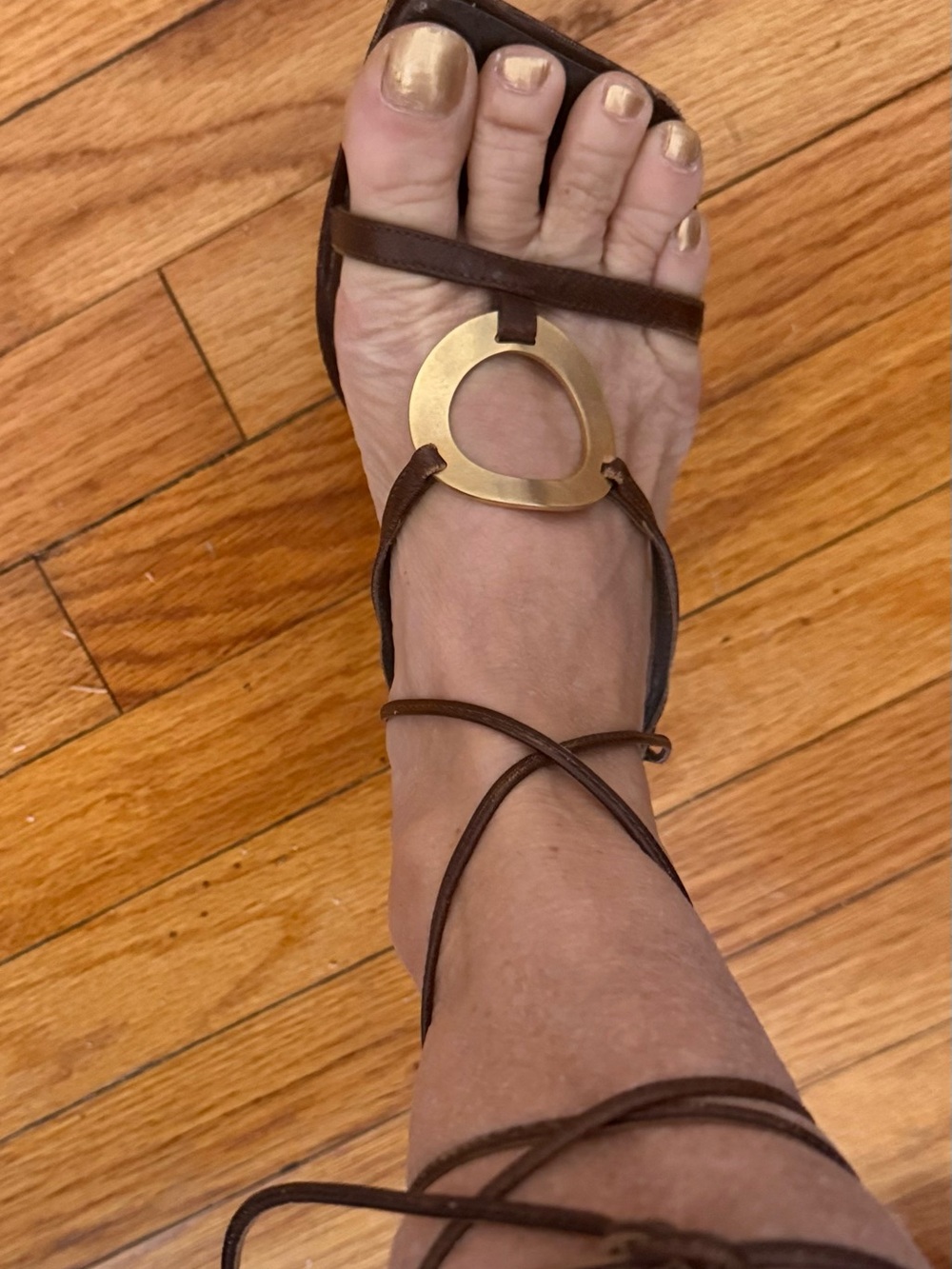 Vintage Brown Leather Lace-Up Sandals with Gold Accent